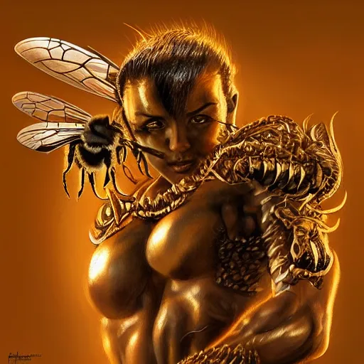 Prompt: portrait of a bee, muscular, wild, D&D, fantasy, intricate, cinematic lighting, highly detailed, digital painting, artstation, concept art, smooth, sharp focus, illustration, art by Hajime Sorayama