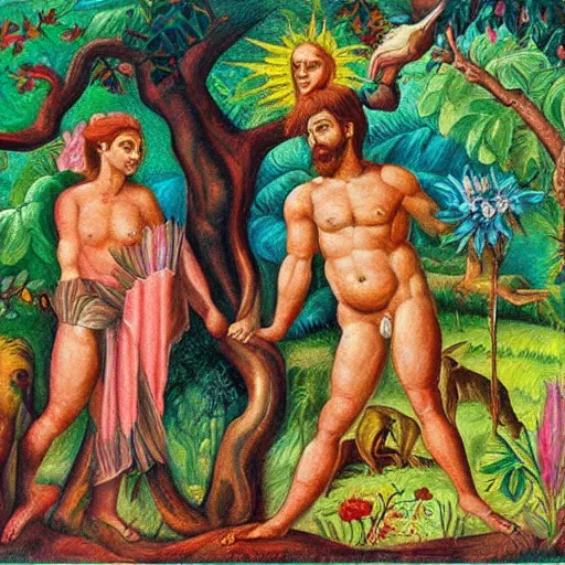 Image similar to Painting of Adam and Eve in the (Garden of Eden). Colorful.