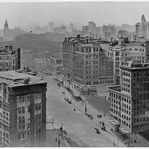 Prompt: balcony view of 1 9 2 5 boston with a broken sky