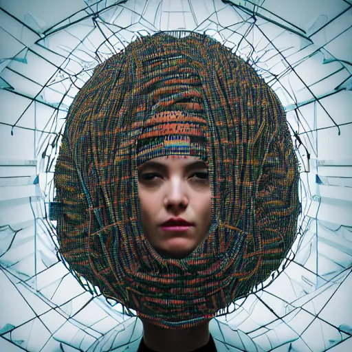 Prompt: tapping in to something greater, piles of modular synth cables, goddess portrait wearing a big headpiece made of circuit boards in a photo shoot for balenziaga, wlop, stanley kubrick, masamune, unique perspective, eastman color, perfect details, trending on artstation, 3 d render, smooth render, wlop