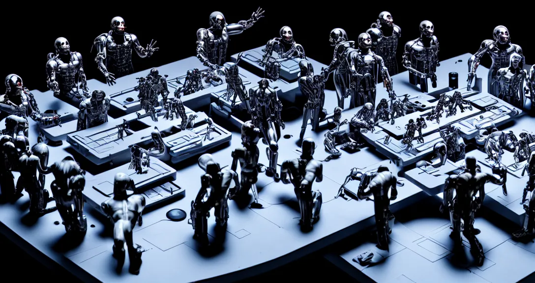 Image similar to war, 13 diverse cyborgs on one_side of a reflective !cybernetic table, posing_as_last_supper, inticrate detailed glowing implants, highly detailed, dramatic lighting, electrical details, high details, beautiful lighting