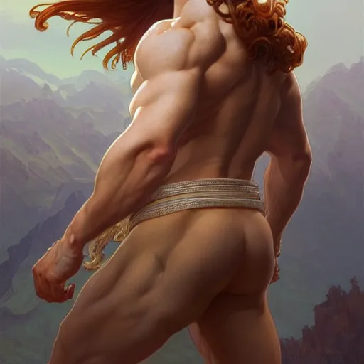 Prompt: panoramic view, beautiful natural male ginger angel wearing a white loincloth, intricate, elegant, highly detailed, digital painting, artstation, concept art, smooth, sharp focus, illustration, art by artgerm and greg rutkowski and alphonse mucha and loish and WLOP