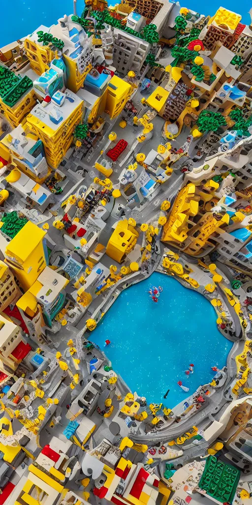 Prompt: Tel-Aviv beach, the buildings are Lego, the sand is yellow M&Ms, the sea is glitter, high-detaild, unreal engine 5, 4K UHD image