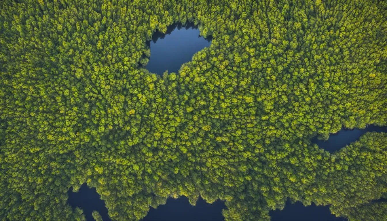 Image similar to eastern european, small lake view from highland, leave less old forest, national park, nature, atmospheric, ambient vibe, very detailed, high resolution, 8 k