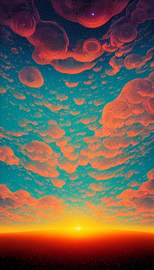 Prompt: thousands of little luminous jellyfishes floating on cosmic cloudscape at sunset, futurism, dan mumford, victo ngai, kilian eng, da vinci, josan gonzalez