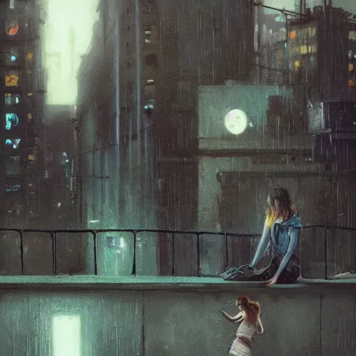 Image similar to girl and cat on a roof, moment, cyberpunk elevated train, electronic billboards, tech noir, wet reflections, atmospheric, ambient, livia prima, greg rutkowski, edward hopper, pj crook