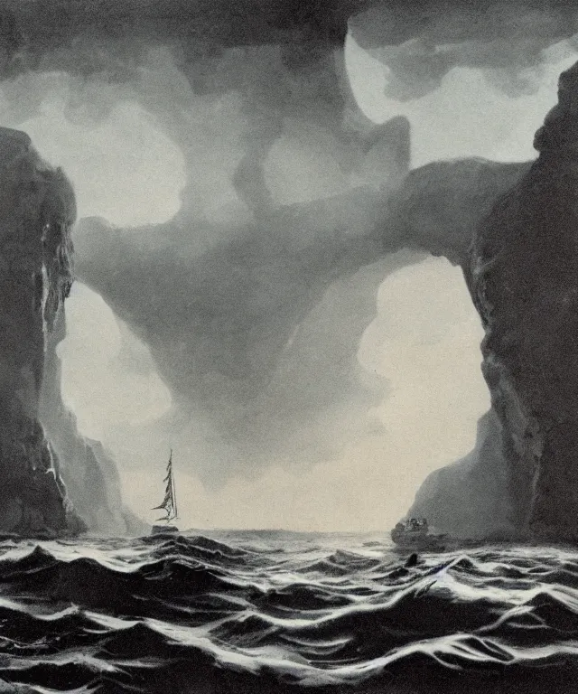 Image similar to realistic photo of a 1 9 2 5 seiner sailing near a tropical skull - shaped cliff with the mouth of a sea cave at the waterline, dark, brooding, atmospheric, lovecraft, horror, smooth, epic, highly detailed, cinematic, by richard corden