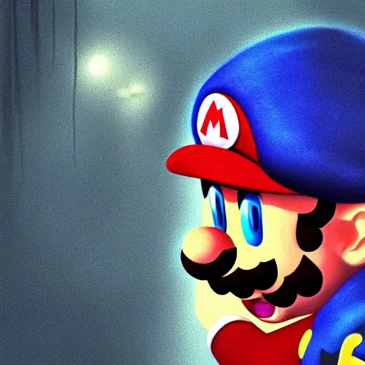 Image similar to depressed Mario in a blue hoodie on the rain, matte painting, realistic, sad, emotional, powerful