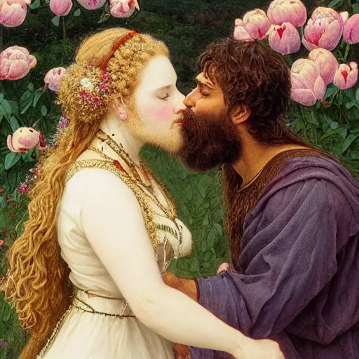 Image similar to a white skinned red bearded viking and a beautiful brown skinned indian princess kiss in a field of peonies, masterpiece, highly detailed, oil on canvas, art by rebecca guay