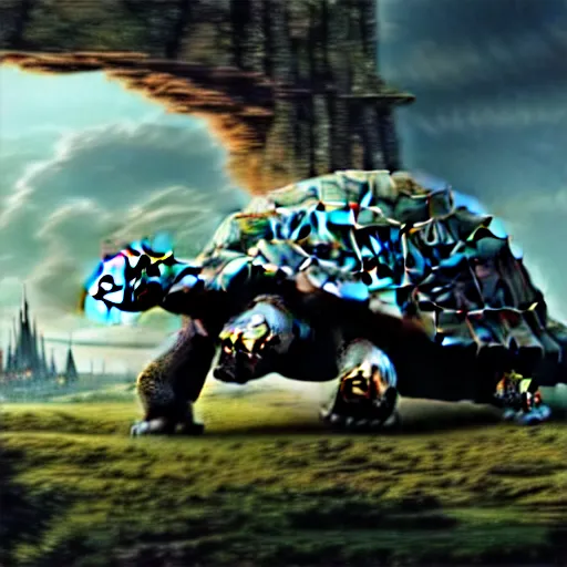 Image similar to giant tortoise walking with a large fantasy castle rising growing from the top of it, distant shot birds eye view, fantasy, hyper detailed, 4 k, howls moving castle, mortal engines,