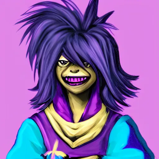 Image similar to susie from deltarune, purple skin, fantasy painting, smile, headshot, dramatic lighting, profile photo