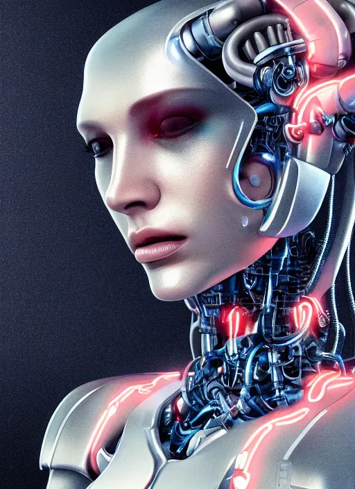 Image similar to photorealistic detailed full body picture of a female cyborg, pretty face with arms and legs, glamour pose, neon lights, humanoid, extreme, uhdr, book called the most influental cyborg in 2 0 5 0, fine details, highly detailed, intricate, smooth sharp focus, symmetrical features, environmental portrait