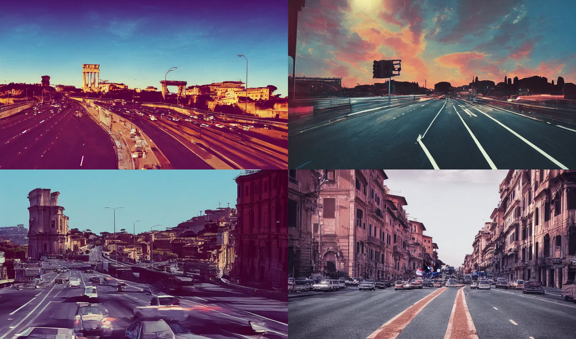 Prompt: a highway passing through Rome, by Kavinsky, retro futuristic, outrun, retrowave, 80s retro