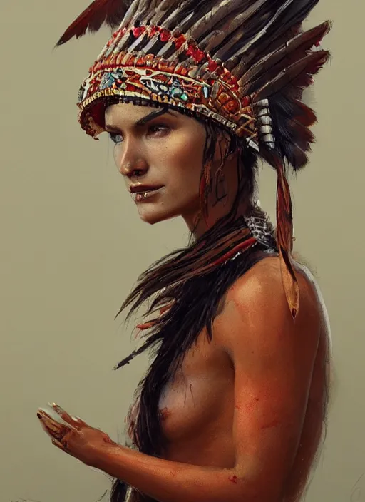 Image similar to gorgeous redskin woman wearing headdress, intricate, elegant, highly detailed, artstation, concept art, smooth, sharp focus, illustration, art by stefan kostic and greg rutkowski