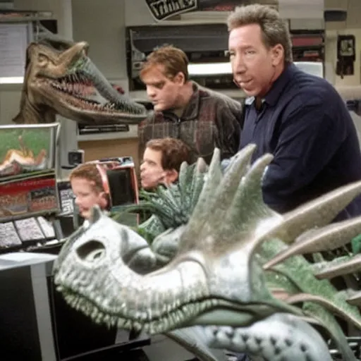 Prompt: tim allen working at wendy ’ s with a bunch of cyborg dinosaurs