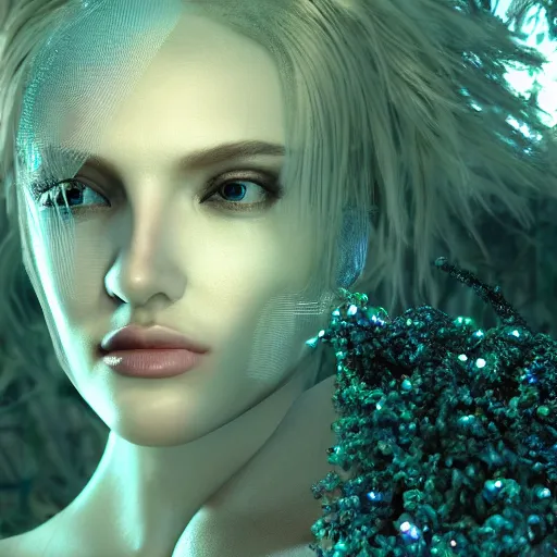 Image similar to beautiful pragmatic face, crystal, platinum, copper, biomechanoid with incredible iridescent pearlescent voluminous fiberoptic hair, crystalline masterpiece implants, hyperdetailed face, elegant pose, movie still, intricate, octane render, cinematic forest lighting, unreal engine, dieselpunk setting, crepuscular rays, god rays.