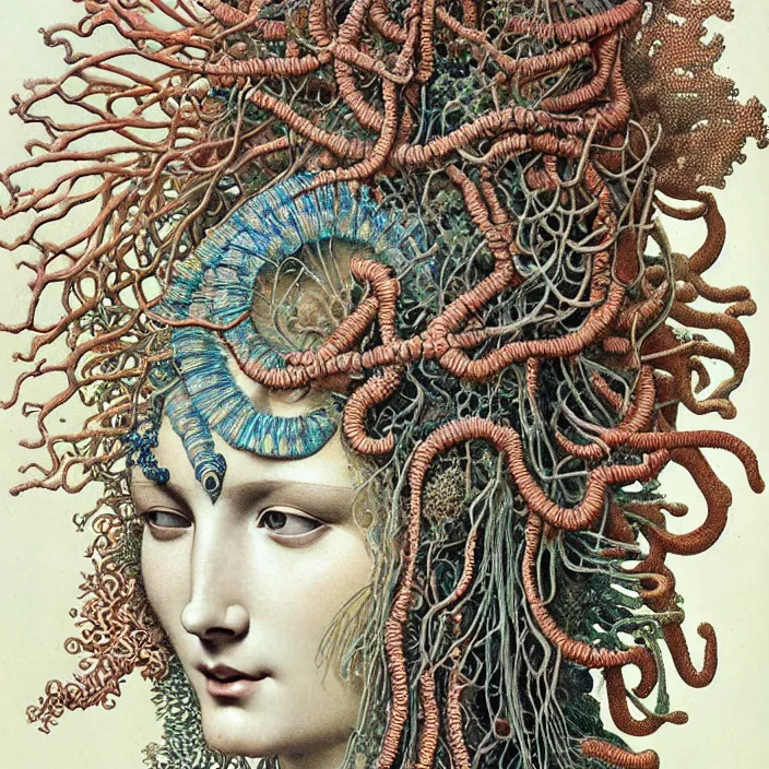 Prompt: realistic detailed face portrait of the goddess of the deep waters with an intricate headdress of corals, sea kelp, sea plants, fish, jellyfish, art by ernst haeckel, archimboldo, james jean, face in focus, art nouveau, neo - gothic, gothic, neoclassical,