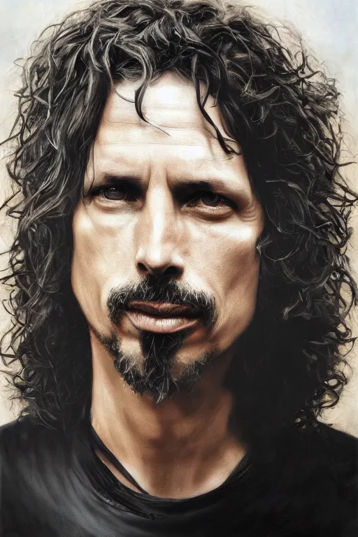 Prompt: chris cornell, a dark and dramatic portrait of chris cornell, visible chris cornell's face, vivid colors, soft lighting, atmospheric, cinematic, moody, in the style of jenni saville and krenz cushart, oil on canvas, 8 k