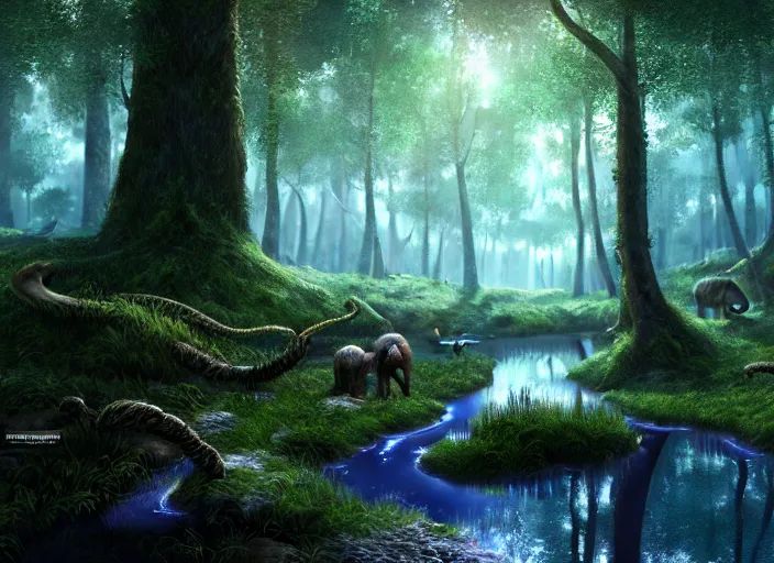 Prompt: hyperrealism, detailed textures, photorealistic, 3 d render, a surreal mystical forest with a bright blue winding creek, a wooly mammoth grazing, ultra realistic cinematic, intricate, cinematic light, concept art, illustration, art station, unreal engine