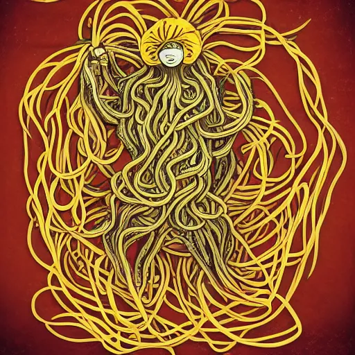 Image similar to Cinematic detailed portrait of the flying spaghetti monster.