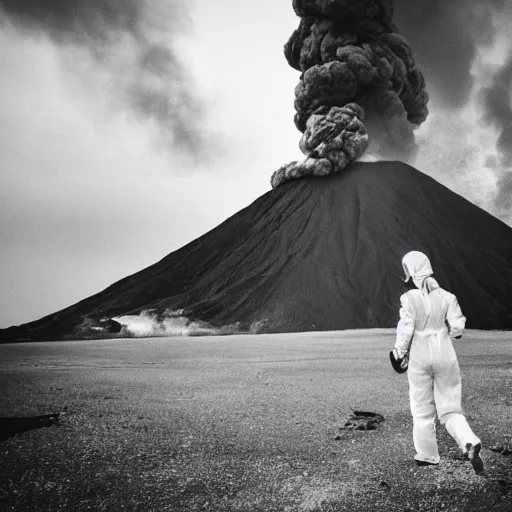 Image similar to woman with white suit with a dragon, she wear red eyed gasmask, in volcano, standing close to volcano, fire raining, professional photography, black and white, cinematic, eerie