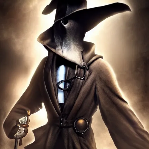 Image similar to epic fantasy plague doctor wearing a trench coat, gritty steampunk aesthetic, dramatic lighting, ultra hd