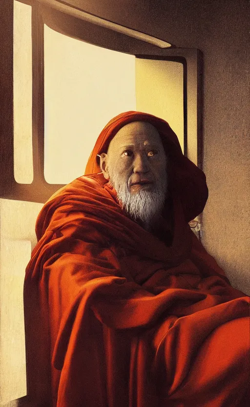 Prompt: portrait of an old monk in a spaceship, looking out the window at a planet, orange robe, dramatic lighting, artstation, matte painting, johannes vermeer