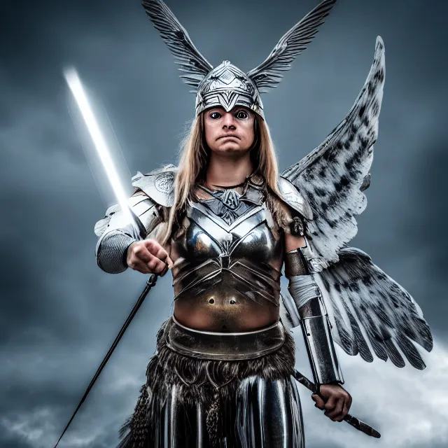 Image similar to photo of a valkyrie warrior with light powers, highly detailed, 4 k, hdr, smooth, sharp focus, high resolution, award - winning photo