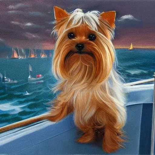 Prompt: ultra realistic portrait painting of a yorkshire terrier on a yacht, art by frank frazetta, 4 k, ultra realistic, highly detailed, epic lighting