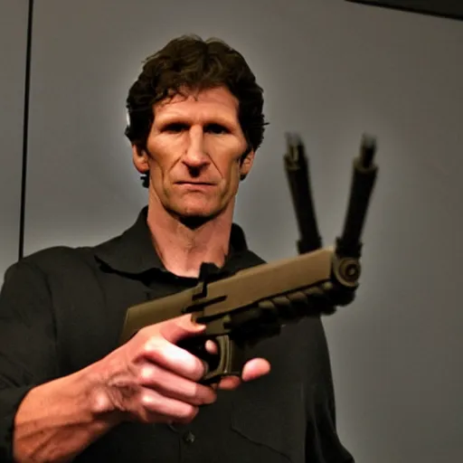 Prompt: todd howard pointing a gun towards the camera and forcing you to buy skyrim, threatening, sharp, cinematic, colorful, digital, neon, bright