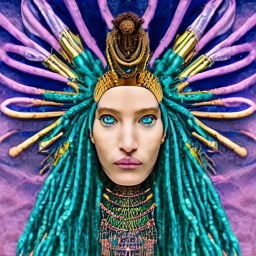 Image similar to sandro botticelli portrait of egyptian sumerian goddess princess intergalactica, nautical siren, queen of heaven, techno mystic goddess, with aqua neon dreadlocks, teal eyebrows encrusted with diamonds, wearing iris van herpen haute couture, star - gate of futurisma,