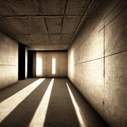 Prompt: dystopian underground prison, minimalist, stunning, light and shadows, high ceiling, warm lighting