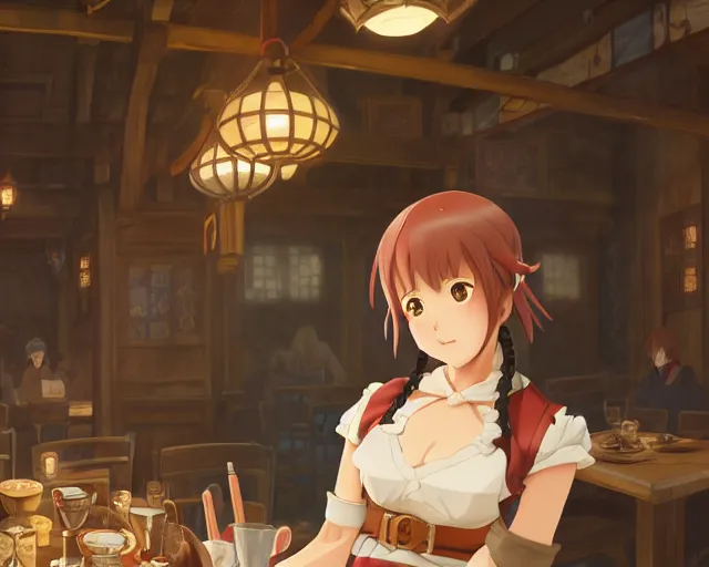 Image similar to anime visual, portrait of a young female traveler in a busy fantasy medieval tavern interior, cute face by yoh yoshinari, katsura masakazu, studio lighting, dynamic pose, dynamic perspective, strong silhouette, anime cels, ilya kuvshinov, cel shaded, crisp and sharp, rounded eyes