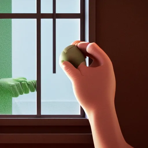 Prompt: 3 d rendered image of a human hand opening window, fresh air blender 3 d keyshot unreal engine