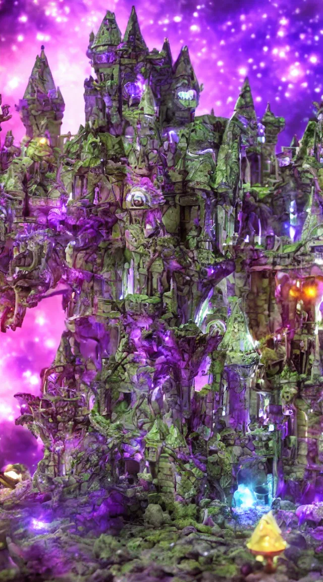 Prompt: robot with purple lights destroying a fantasy castle, professional photo, hdr, bokeh, sci fi, tiny castle, fantasy, small world, toys