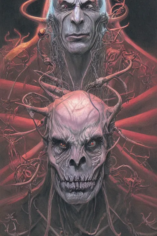 Image similar to portrait of vecna, drizzt, strahd von zarovich, sanguinius, asmodeus, orcus combined, painted by wayne barlowe