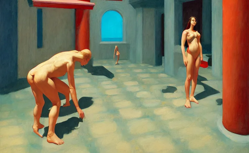 Prompt: Inside a greek dungeon with a big pool and ladies in bikini, very coherent, painted by Edward Hopper, Wayne Barlowe, painted by James Gilleard, airbrush, art by JamesJean
