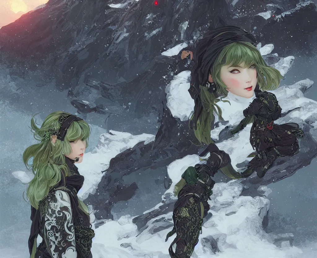 Prompt: portrait ninja gaiden girl, black plus little green ninja wardrobe, at snowy fuji mountain sunrise, ssci - fi and fantasy, intricate and very very beautiful, detailed, digital painting, artstation, concept art, smooth and sharp focus, illustration, art by tian zi and wlop and alphonse mucha