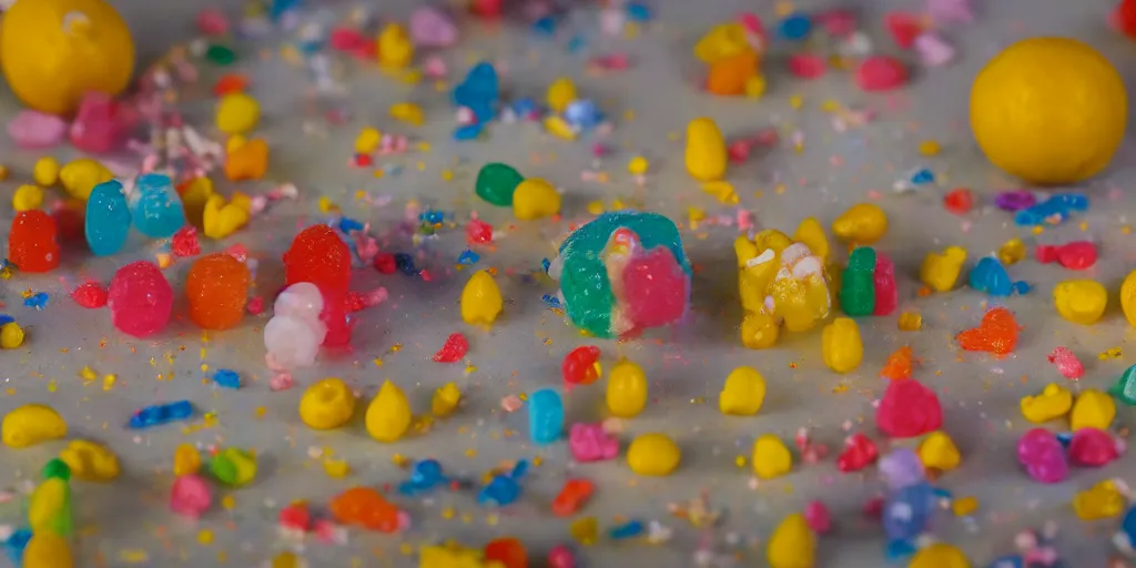 Image similar to a cinematic film still of a claymation stop motion film about a town made of lemons and candy, shallow depth of field, 8 0 mm, f 1. 8