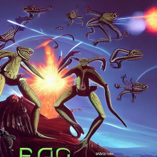 Image similar to frog-people battling martians, epic battle, red planet, laser weapons,