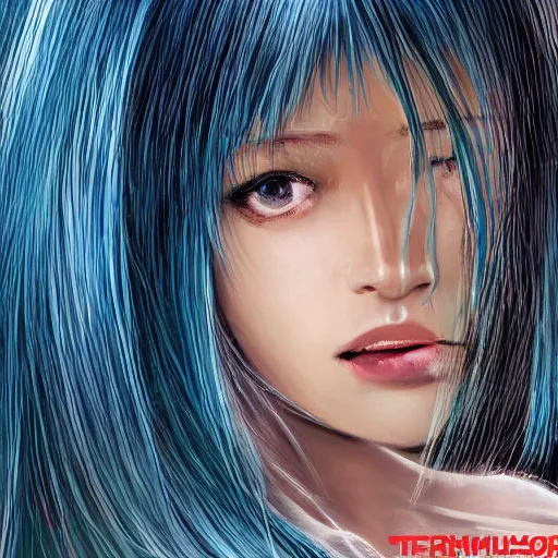 Image similar to full face shot of rimuru tempest, sky blue straight hair, long bangs, with amber eyes, wearing a black jacket, high collar, ultra detailed, concept art, award winning photography, digital painting, cinematic, wlop artstation, closeup, pixiv, evil, yoshitaka amano, andy warhol, ilya kuvshinov,