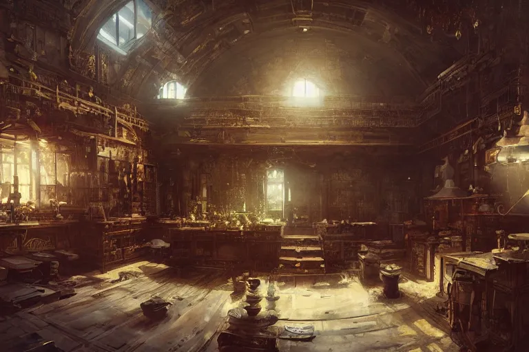 Prompt: alchemy workshop interior, intricate, elegant, highly detailed, john park, craig mullins, sparth, ruan jia, jeffrey catherine jones