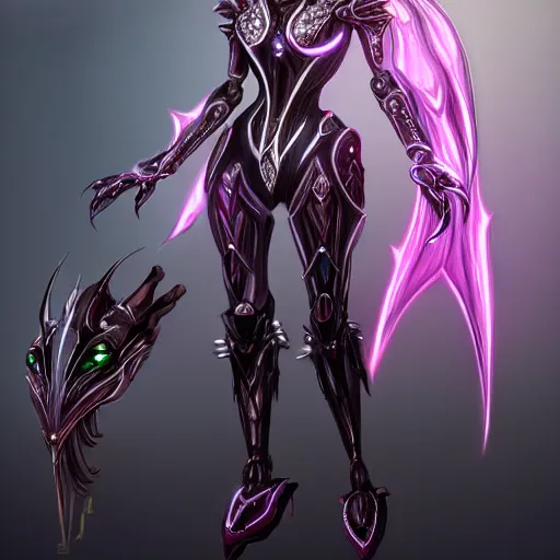 Image similar to highly detailed exquisite fanart, of a beautiful female warframe, but as a stunning anthropomorphic robot female dragon, standing elegantly with hand on hip, shining reflective off-white plated armor, slick elegant design, bright Fuchsia skin, sharp claws, full body shot, epic cinematic shot, realistic, professional digital art, high end digital art, DeviantArt, artstation, Furaffinity, 8k HD render, epic lighting, depth of field