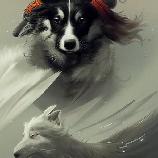 Image similar to border collie as an samurai, backround dark, highly detailed, digital illustration, trending in artstation, modern painting, smooth, sharp focus, intricate, by peter mohrbacher