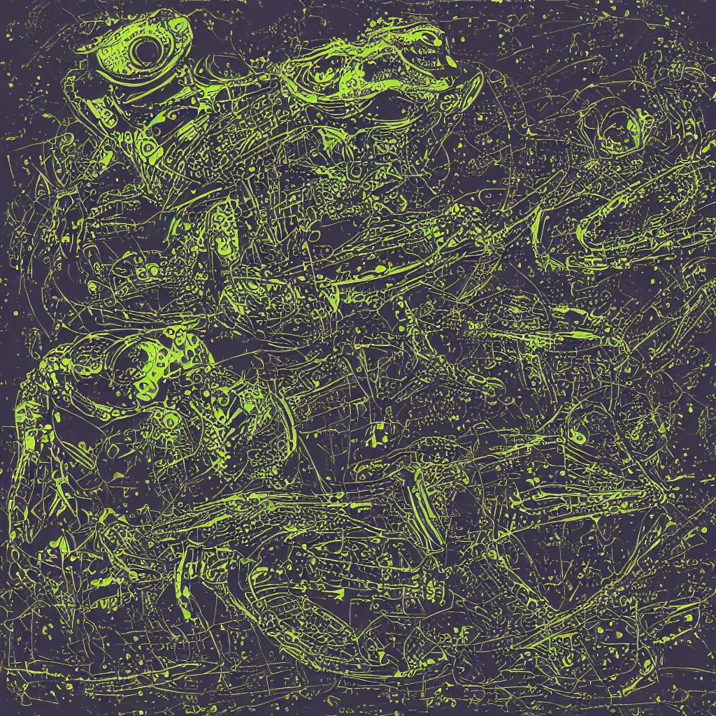 Image similar to toads, big toad, mechanical, technical, abstract, acrylic, oil, circuit board, lines, vektroid album cover, dots, drips, dimensions, tears, leaks, glitches, frogs, amphibians, geometry, data, datamosh, motherboard, minimal, vinyl, code, cybernetic, painting, dark, eerie, cyber