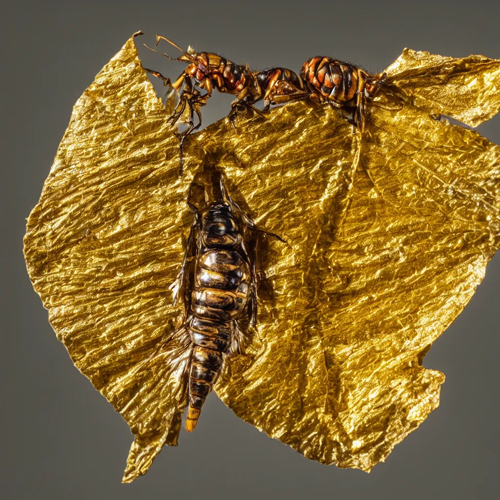 Image similar to cicada shedding gold leaf, white background, artistic studio photography, dramatic macro photography, high contrast, back lighting