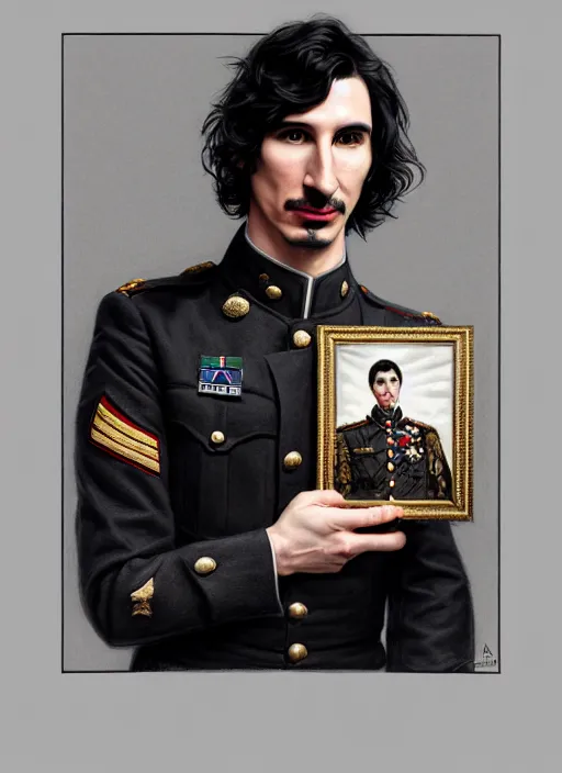 Image similar to a portrait of john oliver holding a portrait of adam driver, military uniform, fantasy, intricate, elegant, beautiful, highly detailed, charcoal, centered, dark, smokey, digital painting, artstation, concept art, smooth, sharp focus, illustration, art by artgerm and greg rutkowski and alphonse mucha