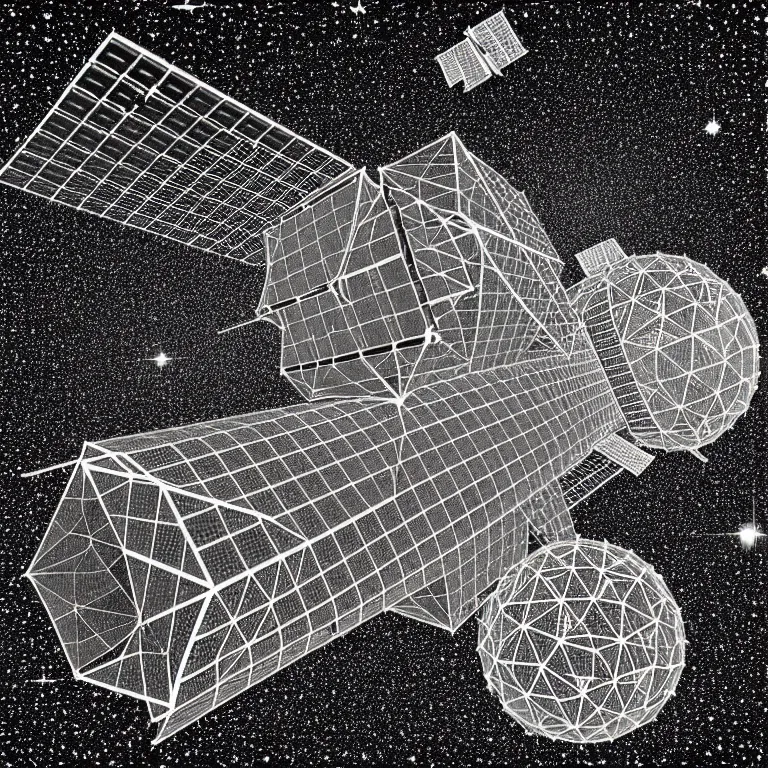 Prompt: a black and white drawing of a geometric lattice international space station made of chrome and filled with equipment, a microscopic photo by ernst haeckel, zbrush central, kinetic pointillism, intricate patterns, photoillustration