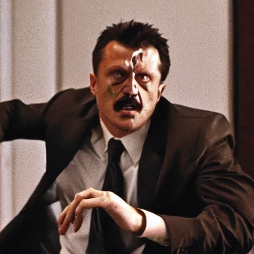 Image similar to Igor Ghirkin Strelkov as The American Psycho doing the Bateman stare, cinematic still