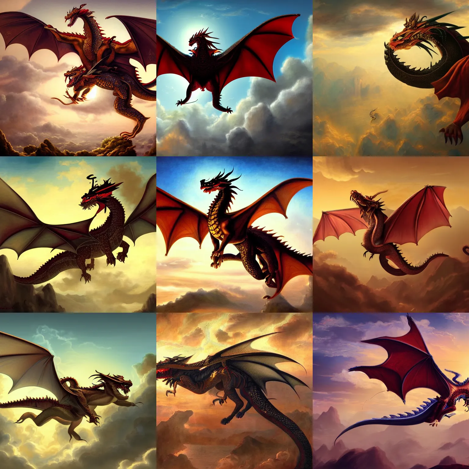 Prompt: orientalist painting of a dragon flying in the sky. Cinematic, hyper realism, dramatic lighting, high detail 8k